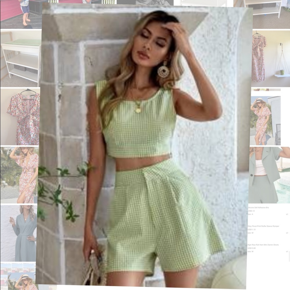 SHEIN Gingham Backless Crop Top Set